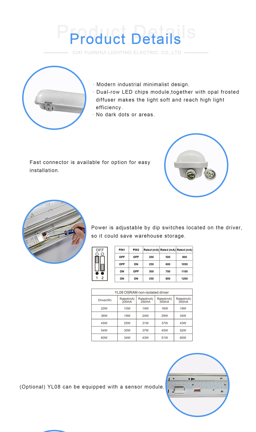 IP66 Fixture Connector Lled Tunnel Tri-Proof Lighting, LED Triproof Tube Light 54W Waterproof Light